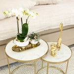 Witte Phalaenopsis Amabilis orchidee in gouden Le Chic pot op marmeren tafel, decoratief met goudkleurige sierobjecten.