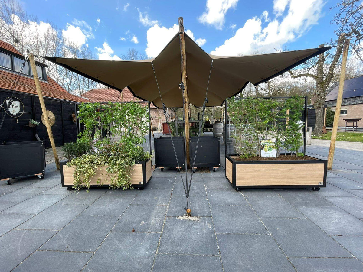 Outdoor area with large sunshade and planter boxes filled with green plants and flowers, surrounded by modern buildings.